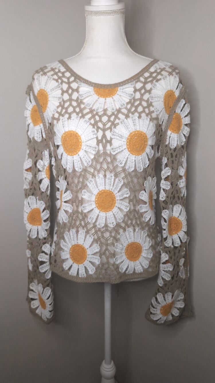 Rebellion Again Daisy Crochet Bell-Sleeve Sweater Large